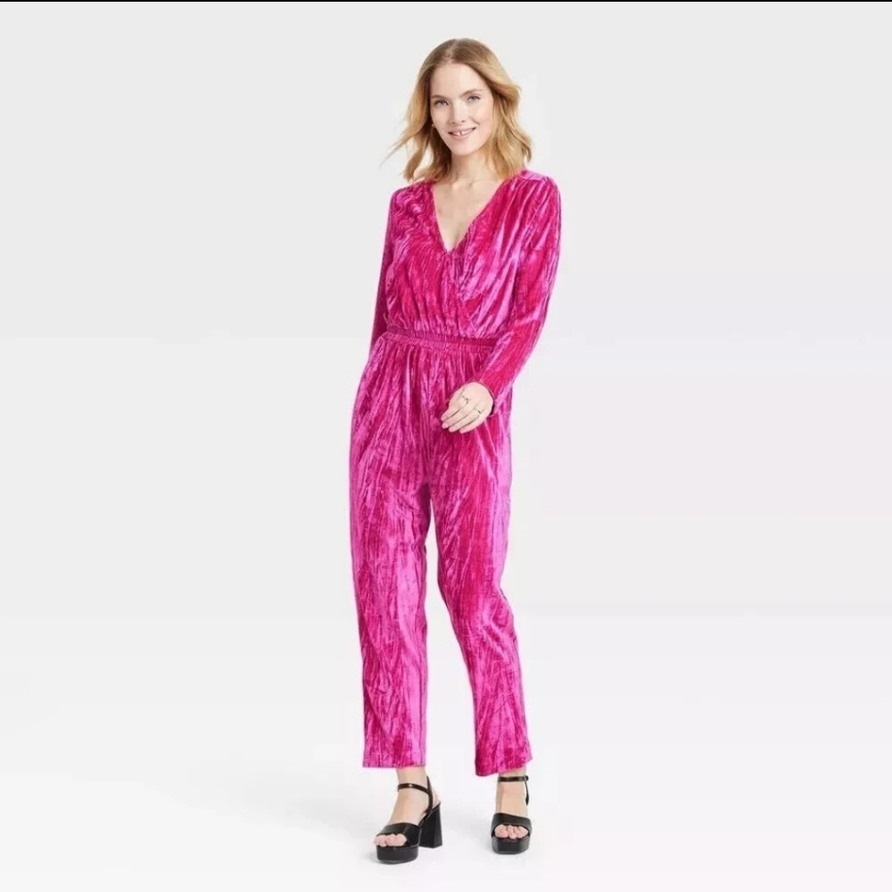 Women's Bell Long Sleeve Velour Jumpsuit - A New Day Pink XS